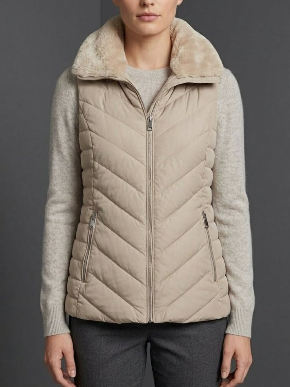 DKNY Faux Fur Collar Full Zip Puffer Vest Jacket Beige Women's S NEW TAGS